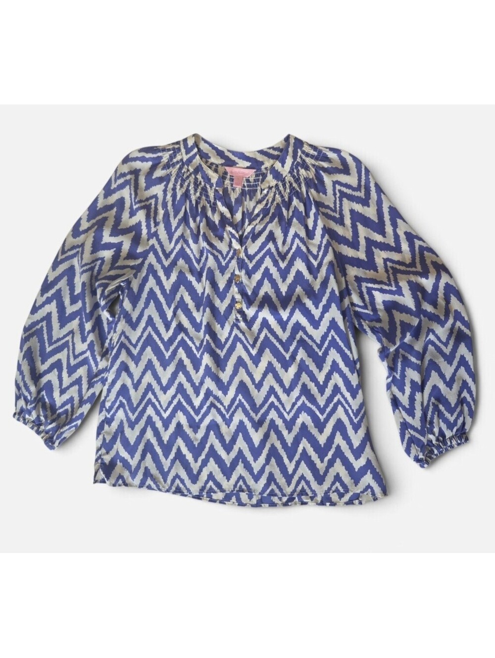Lilly Pulitzer Elsa Silk Blouse S Chevron Blue Long Sleeve Top